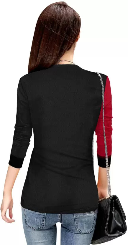 Women And Grils T shirt Round Nack Women Colorblock Round Neck Polyester Red, Black T-Shirt